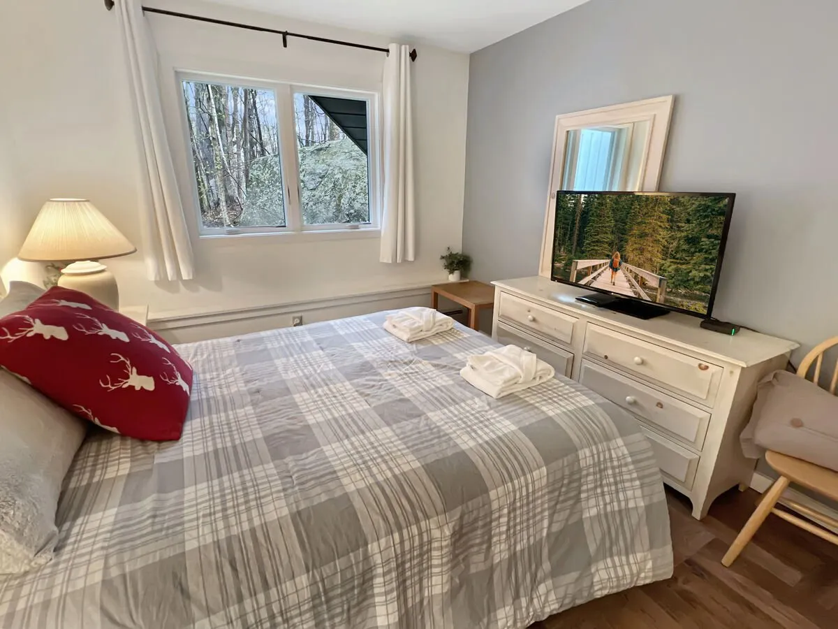 A spacious bedroom featuring a king bed adorned with plaid bedding, a large window allowing ample natural light to filter in, and a wall-mounted TV displaying a scenic image. The overall atmosphere is calm and serene, perfect for relaxation and comfort.